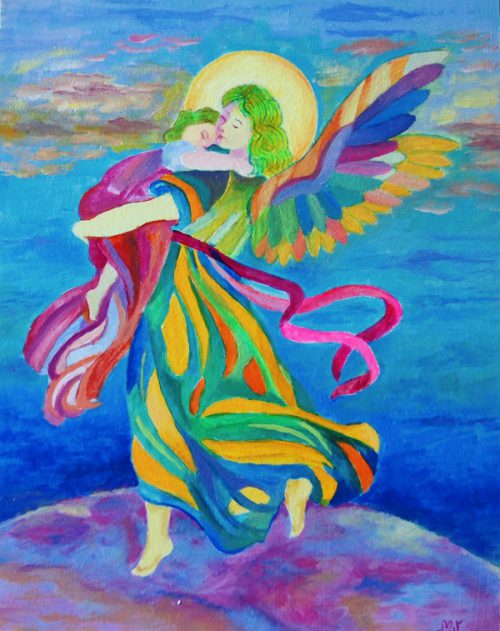 Anioł Stróż z dzieckiem na ręku obrazek na chrzciny