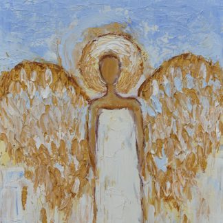 Biały anioł obraz olejny, złote skrzydła, faktura, impasto 20 x 32