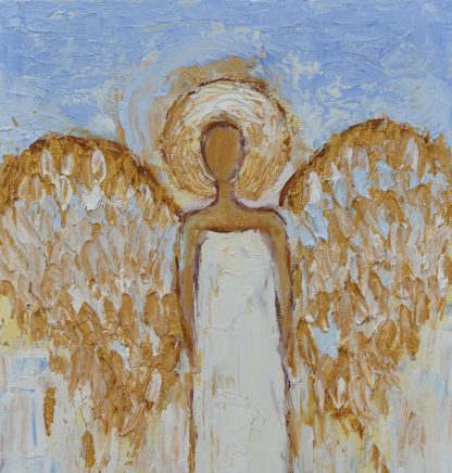 Biały anioł obraz olejny, złote skrzydła, faktura, impasto 20 x 32